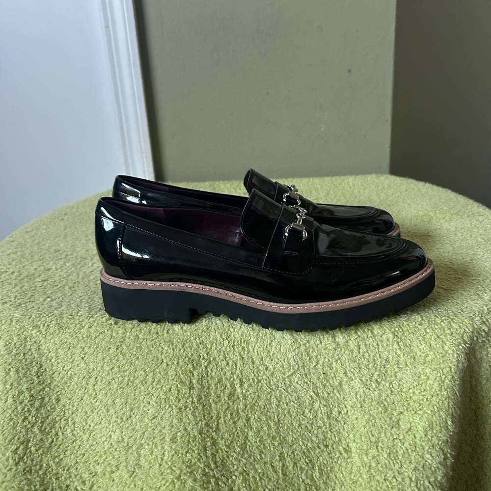 NWOB Franco Sarto Colette Glossy Black Loafers with Silver Accents - Picture 2 of 10